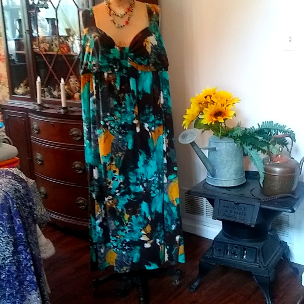 JMS maxi dress, blue/brown/ mustard yellow. Size4x